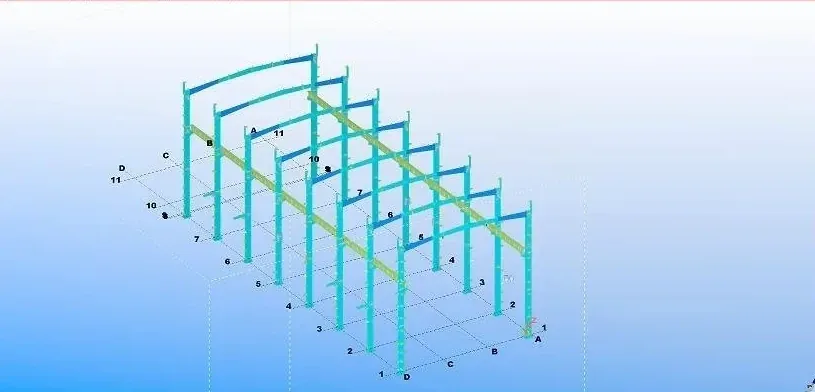 3D model of a portal steel frame building with columns and rafters.