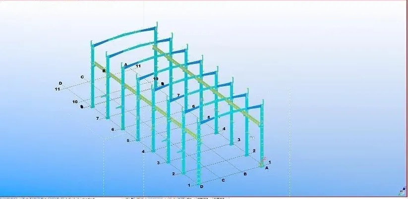 3D model of a portal steel frame building with columns and rafters.