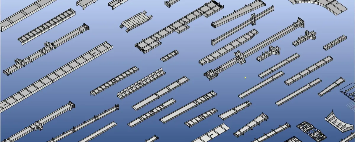 Decenas de modelos 3D de vigas, columnas y ménsulas dispuestos en una retícula.