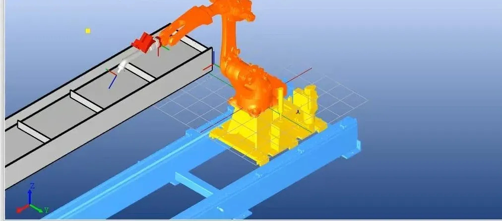3D simulation of a welding robot on a rail next to an H-beam, showing the planned torch path.