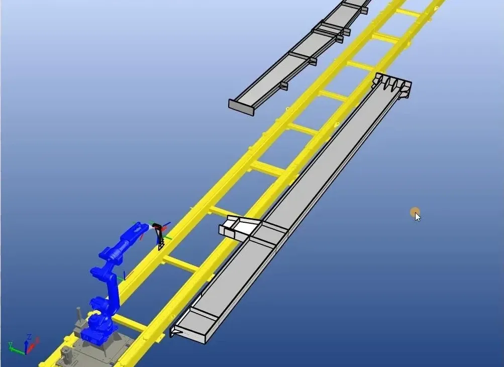 3D simulation of a rail-mounted welding station with a robot and two steel members.