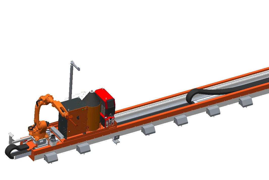 CAD illustration of a seven-axis rail-mounted welding robot direction.