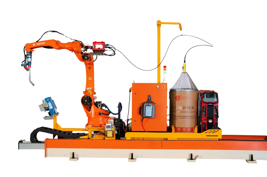Seven-axis rail-mounted welding robot workstation product view.