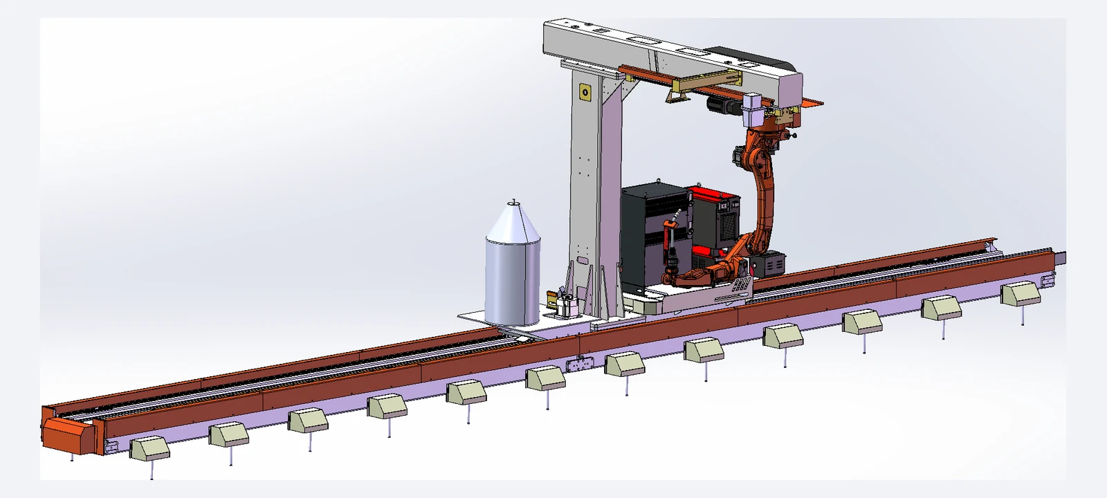 CAD illustration of an eight-axis cantilever welding robot workstation.