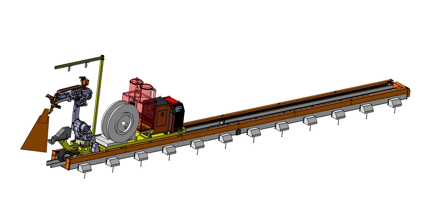 Illustration of a rail-mounted submerged arc welding robot station with flux hopper, wire drum and welding power source.