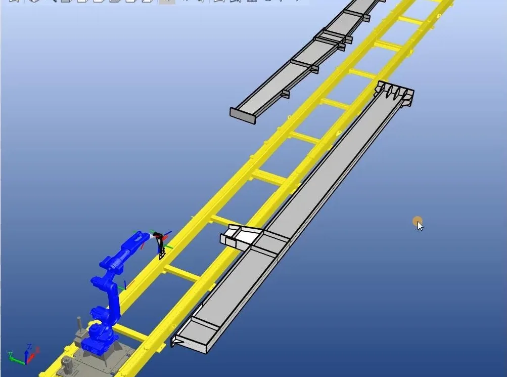 3D simulation of a rail-mounted welding station with a robot and two steel members.